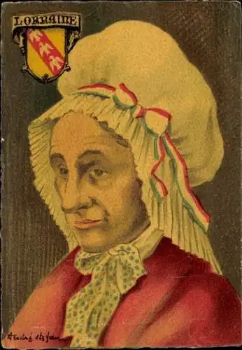 Künstler Ak Lothringen, Alte Frau in Tracht, Portrait, Wappen