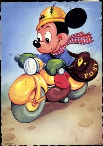 Ak Walt Disney, Mickey Mouse, Micky Maus auf einem Motorrad, Posttasche, Comic