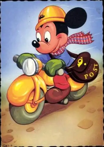 Ak Walt Disney, Mickey Mouse, Micky Maus auf einem Motorrad, Posttasche, Comic