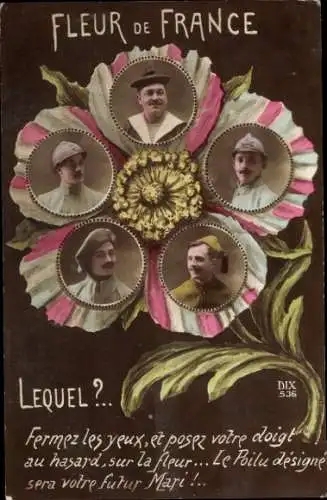 Ak Französische Soldaten in Uniformen, Blume, Propaganda