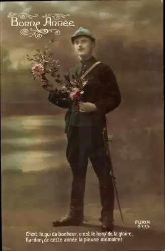 Ak Glückwunsch Neujahr, Soldat in Uniform, Blumenstrauß