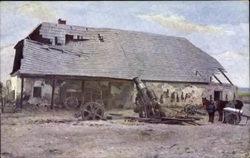 Ak Polen, Österr.-ung 30-5 cm Mörser in gedeckter Stellung in Russisch Polen