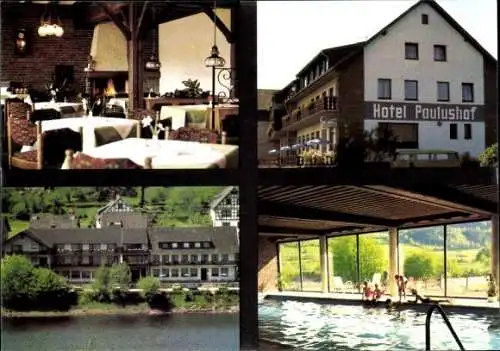 Ak Rurberg Simmerath in der Eifel, Hotel Paulushof, Schwimmbad, Gastraum, Kamin