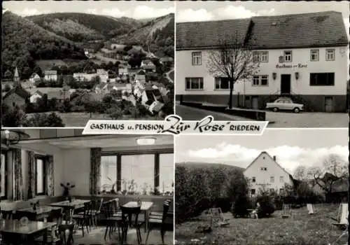 Ak Riedern Eichenbühl in Unterfranken, Gasthaus und Pension zur Rose, Panorama, Gastraum, Garten