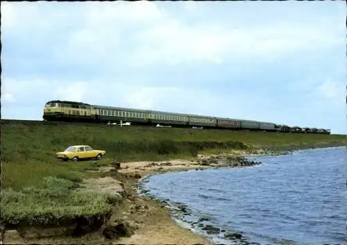 Ak Klanxbüll in Nordfriesland, Hindenburgdamm, Eisenbahn, Auto
