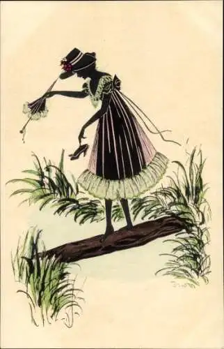 Scherenschnitt Künstler Ak Frau überquert den Fluss, Holzbalken, Fächer