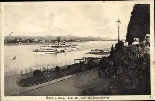 Ak Bonn am Rhein, Rhein, Siebengebirge, Schiff, Anleger, Promenade