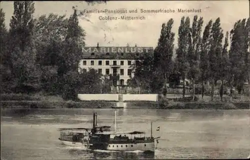 Ak Metternich Koblenz am Rhein, Familien-Pensionat und Sommerfrische Marienlust, Ausflugsdampfer