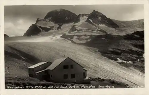 Ak Schruns in Vorarlberg, Wiesbadner Hütte mit Piz Buin, Montafon