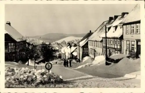 Ak St. Andreasberg Braunlage im Oberharz, Breite Straße, Winter, Fachwerkhäuser