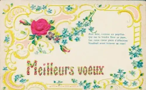 Stoff Präge Ak Kitsch, Rose, Blüte, Vergissmeinnicht