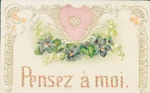 Stoff Präge Litho Kitsch, Herz, Veilchen, Maiglöckchen