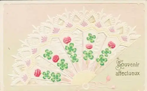 Stoff Präge Ak Fächer, Glücksklee, Kitsch