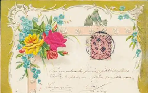 Stoff Präge Ak Rosen, Vergissmeinnicht, Blumen, Vögel