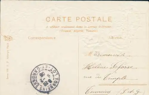 Stoff Präge Ak Rosen, Vergissmeinnicht, Blumen, Vögel