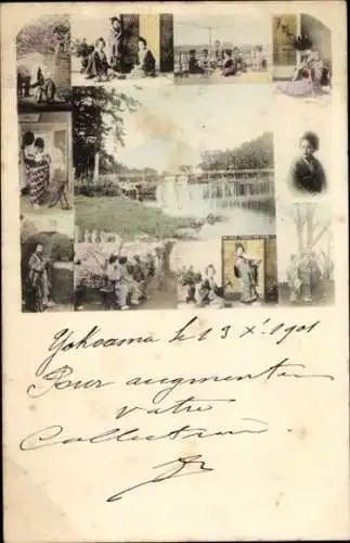 Ak Japan, Mädchen in japanischer Tracht, Teich, Brücke, Portrait