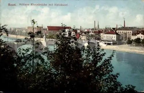 Ak Basel Basel Stadt Schweiz, Mittlere Rheinbrücke mit Kleinbasel