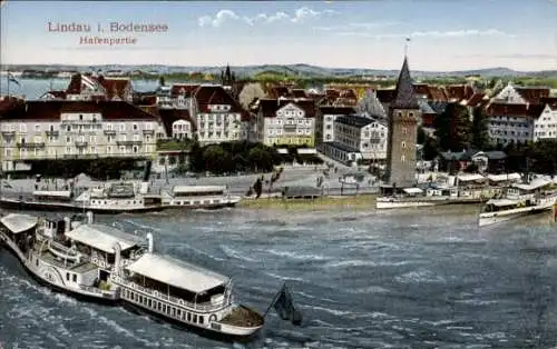 Ak Lindau im Bodensee, Hafen, Dampfer, Panorama