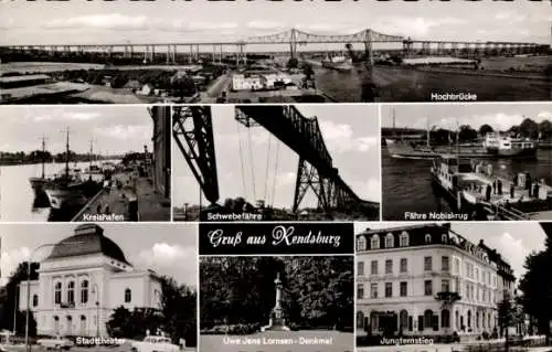 Ak Rendsburg in Schleswig Holstein, Schwebefähre, Jungfernstieg, Stadttheater, Hochbrücke, Hafen