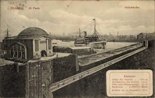 Ak Hamburg St. Pauli, Dampfer über dem Elbtunnel, Querschnitt