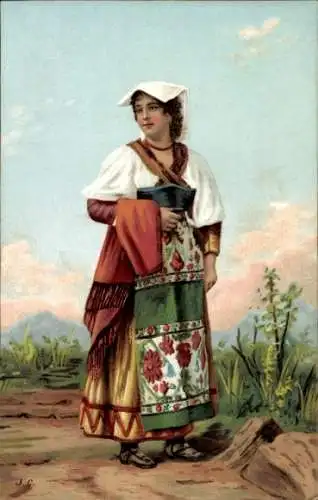 Litho Italien, Frau, Standportrait, Bunte Landestracht
