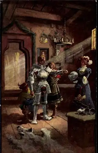 Künstler Ak Closs, G.A., Wappnen des Ritters, Wartburg Rüstkammer, Maximilian Harnisch, Eisenach