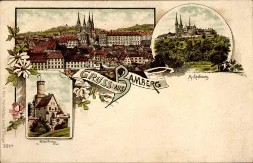 Litho Bamberg an der Regnitz Oberfranken, Michaelsberg, Altenburg, Blick auf Stadt und Kirche