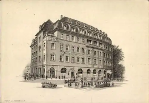 Ak Würzburg am Main Unterfranken, Hotel Würzburger Hof, Straßenbahn, Autos