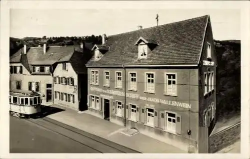 Ak Schlierbach Heidelberg, Gasthaus zum schwarzen Schiff, Straßenbahn