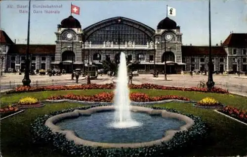 Ak Basel Stadt Schweiz, Bundesbahnhof, Wasserfontäne