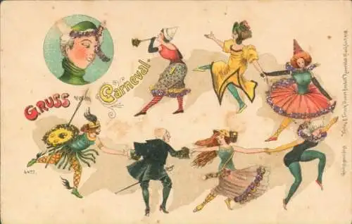 Glitzer Litho Gruß vom Karneval, Frauen und Männer in Kostümen