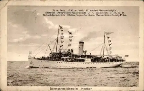 Ak Salonschnelldampfer Hertha, Stettiner Dampfschiffs-Gesellschaft J. F. Braeunlich GmbH