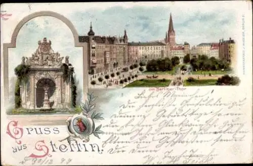 Litho Stettin Pommern, Park am Berliner Tor, Kirchturm, Häuser