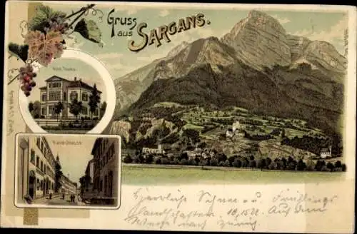 Litho Sargans Kanton St. Gallen, Gesamtansicht, Hotel, Hauptstraße