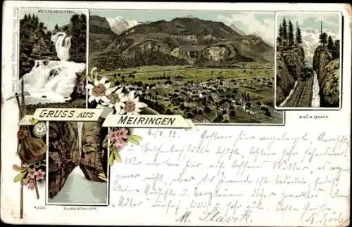 Litho Meiringen Kanton Bern, Gorge de l'Aare, Aareschlucht, Reichenbachfall, Brünigbahn