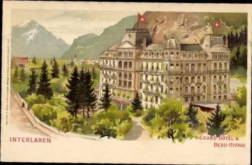 Litho Interlaken Kanton Bern Schweiz, Grand Hotel, Beau-Rivage
