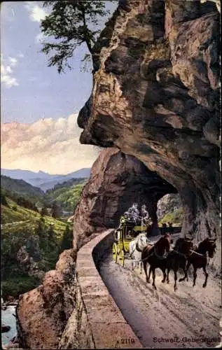 Ak Schweiz, Gebirgspass, Postkutsche, Vier Pferde, Abhang, Tunnel