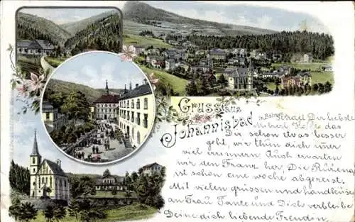 Litho Janské Lázně Johannisbad Region Königgrätz, Kirche, Totalansicht