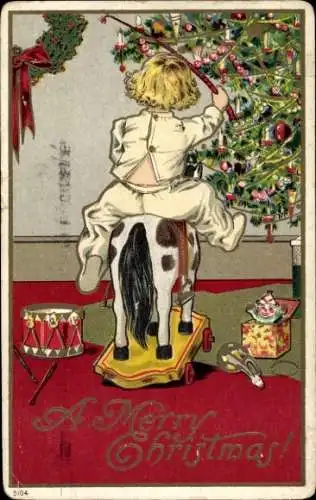 Präge Litho Glückwunsch Weihnachten, Junge auf einem Schaukelpferd vor dem Tannenbaum
