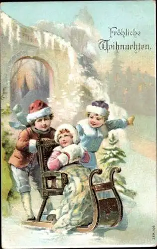 Ak Frohe Weihnachten, Kinder auf einem Schlitten, Winter, Schnee