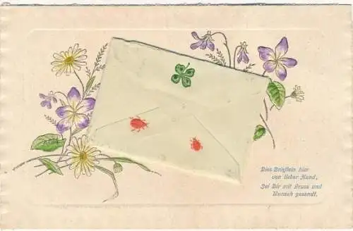 Relief Ak Blumen, Briefumschlag, Kleeblatt, Käfer
