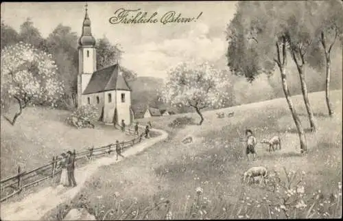 Ak Glückwunsch Ostern, Frühlingslandschaft mit Kirche, Junge, Schafe