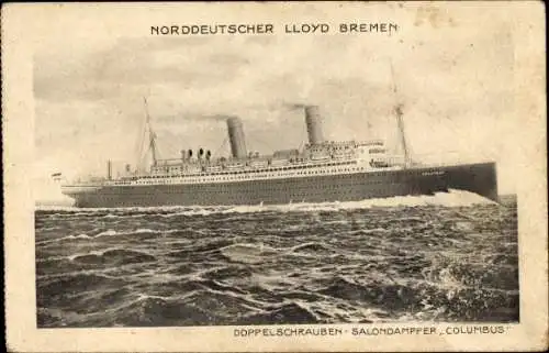 Künstler Ak Dampfschiff Columbus, Norddeutscher Lloyd Bremen, Doppelschrauben Salondampfer