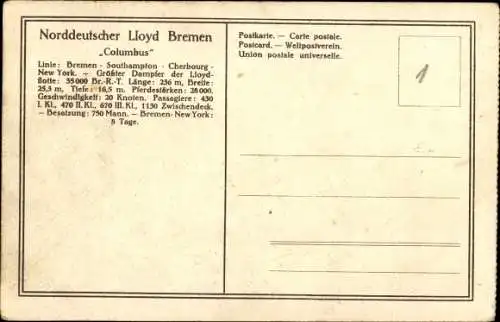 Künstler Ak Dampfschiff Columbus, Norddeutscher Lloyd Bremen, Doppelschrauben Salondampfer