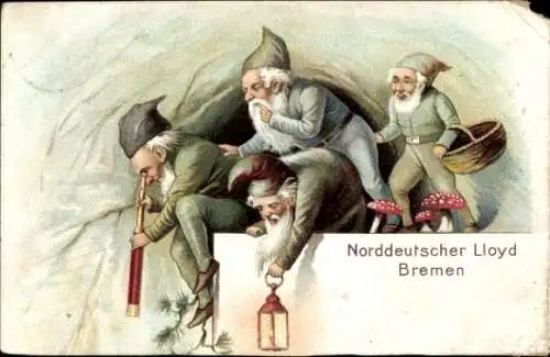 Ak Zwerge, Pilze, Handlaterne, Fernrohr, Norddeutscher Lloyd Bremen