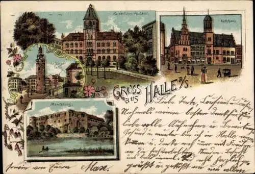 Litho Halle an der Saale, Moritzburg, Rathaus, Kaiserliches Postamt