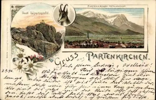Litho Garmisch Partenkirchen in Oberbayern, Gesamtansicht, Ziege, Zugspitze