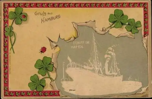 Präge Passepartout Ak Hamburg, Glücksklee, Schiff im Hafen