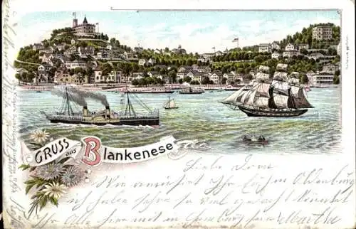 Litho Hamburg Altona Blankenese, Gesamtansicht, Segelschiff, Dampfer