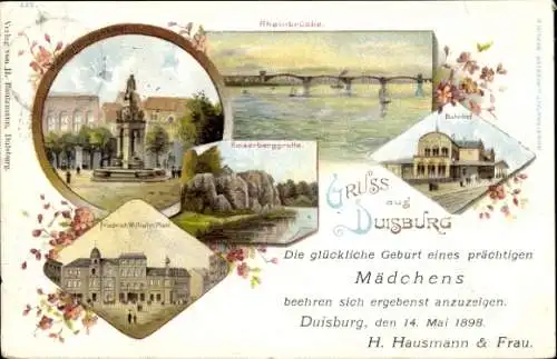 Litho Duisburg im Ruhrgebiet, Merkator-Denkmal, Bahnhof, Friedrich-Wilhelm-Platz, Kaiserberggrotte